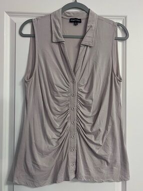 Modern Works Sleeveless Ruched Button-Front Tank in Light Taupe